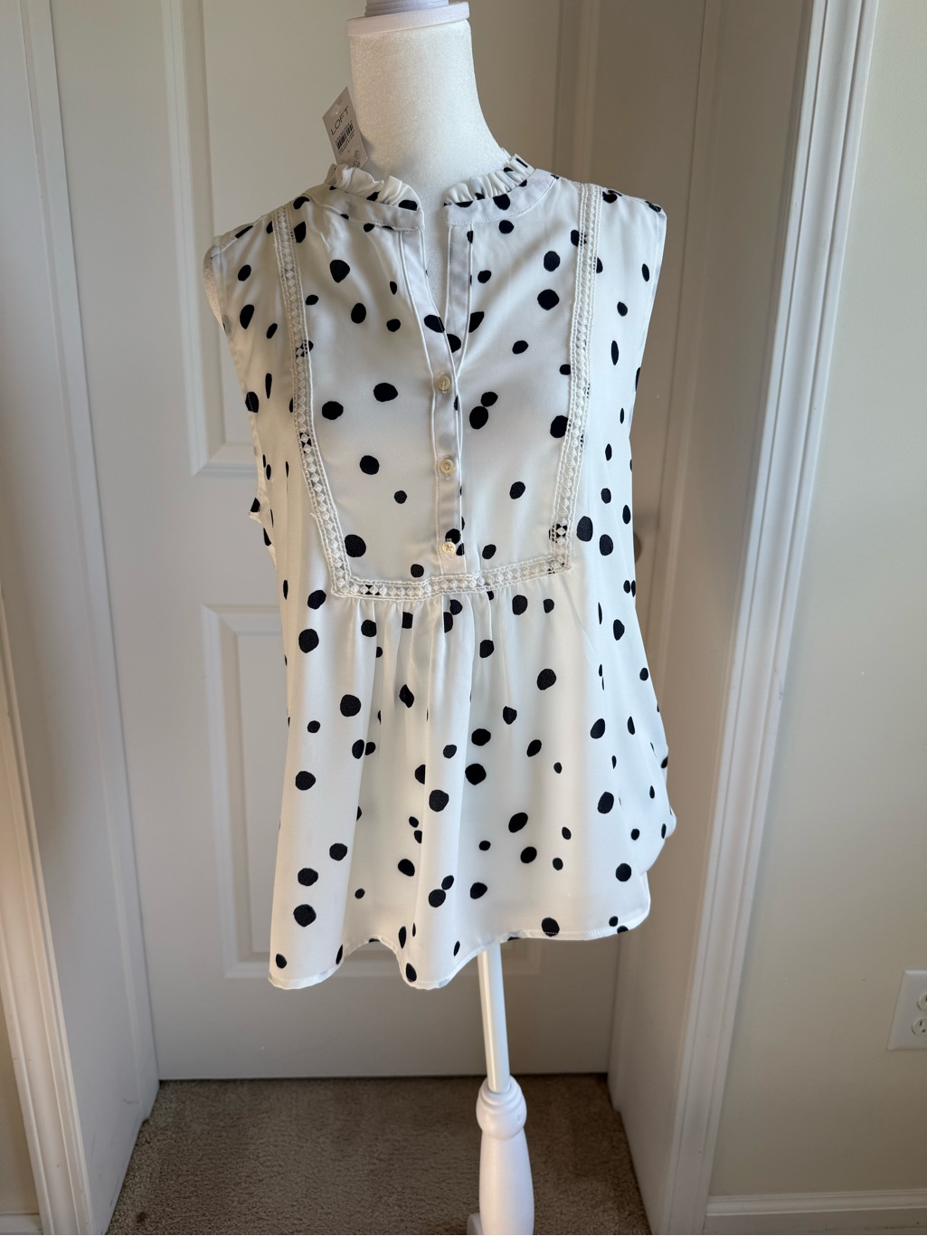 Loft White Sleeveless Polka Dot Blouse With Black Dots